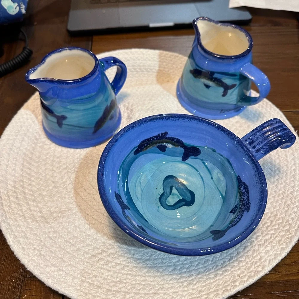 Handmade Blue Whale Pottery‎ Creamer Pitchers & Bowl Set Signed